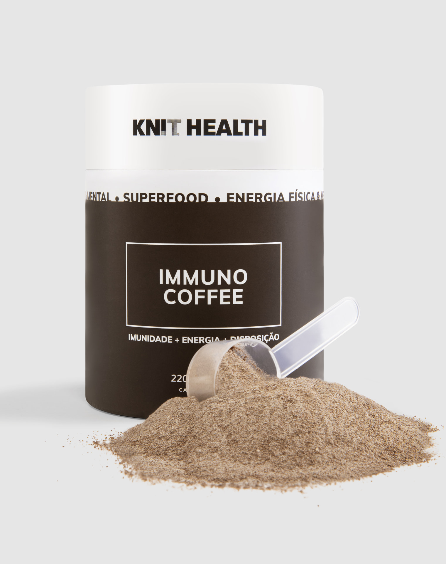 IMMUNO COFFEE canister with powdered coffee and a dosing scoop